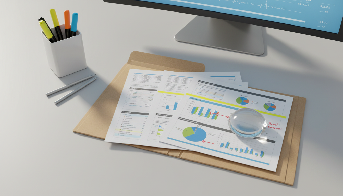 An open file folder revealing a detailed, color-coded hospital anesthesia contract analysis report with clear charts and annotated highlights, resting on a smooth light grey desk. A glass paperweight anchors the pages, beside a minimalist ceramic desk organizer containing highlighters and precision mechanical pencils. The background is uncluttered, featuring only a portion of a sleek monitor displaying part of a medical dashboard interface. Soft studio lighting creates gentle, even illumination and subtle shadow under the folder, promoting focus and clarity. The atmosphere is analytical and detail-oriented, shot at a slight overhead angle with crisp, clean lines and photographic realism suited to a professional consulting context.