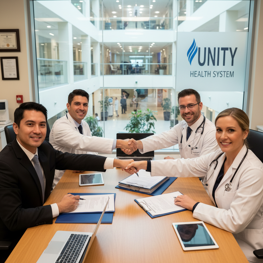 hospital administrators and physicians agreeing and signing contracts, professional setting, medical environment, group handshake